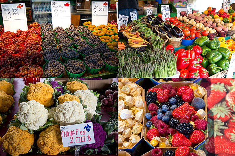 Photos of some of the variety of fruits and vegetables available during fall at the Jean-Talon Market in Montreal, Canada